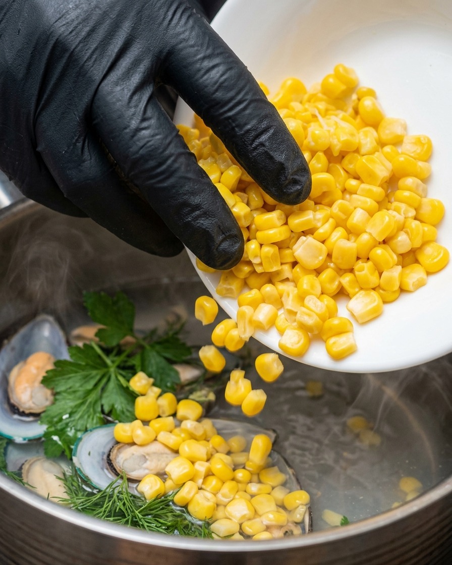 Une main gantée versant des grains de maïs dans une casserole deau bouillante avec des herbes.