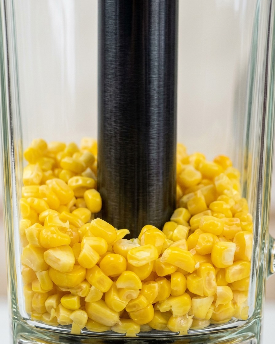 Un bol de mixeur rempli de grains de maïs cuits, prêts à être réduits en purée.