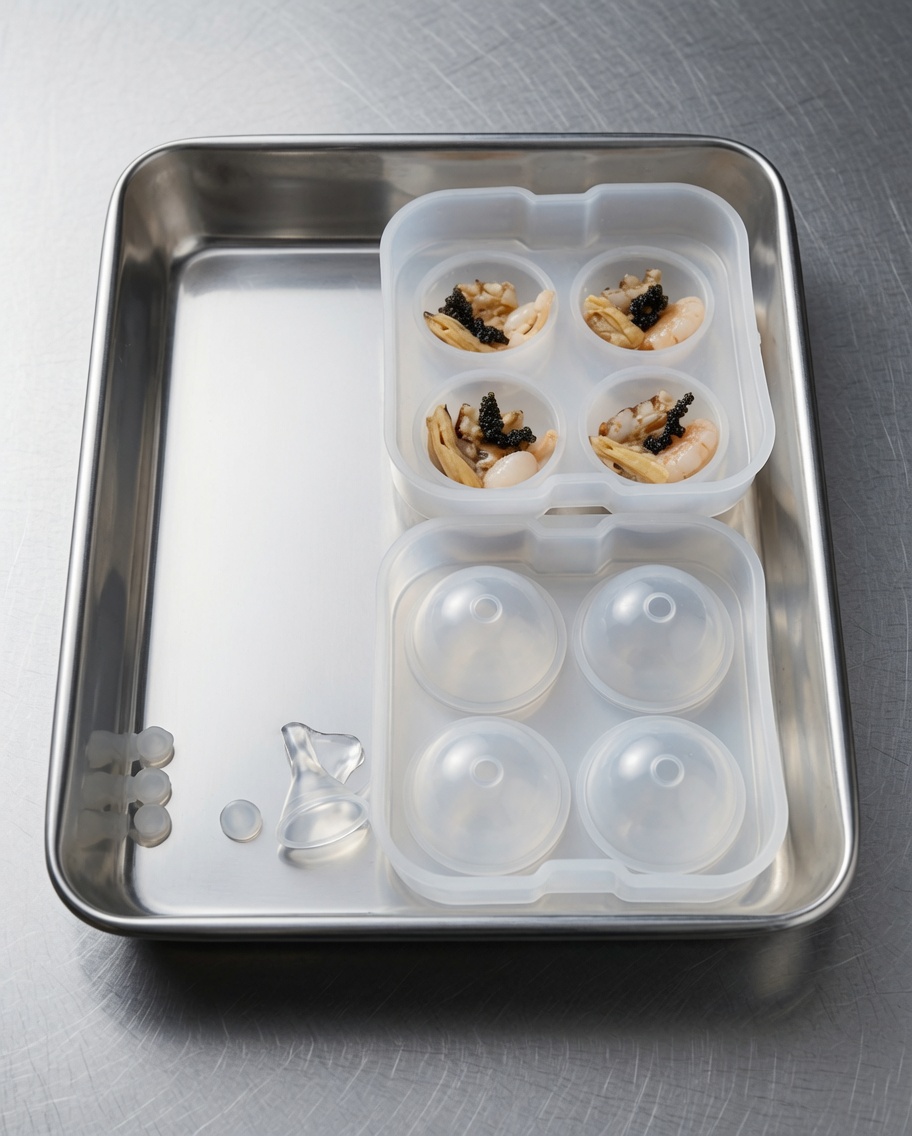Un moule en silicone avec des compartiments en forme de sphère en cours de remplissage avec des morceaux de crevettes et de fruits de mer.