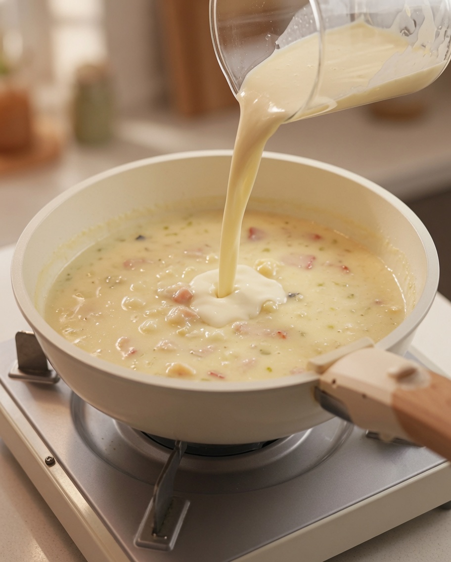 Crème liquide versée dans la casserole de soupe, se mélangeant harmonieusement à la préparation.