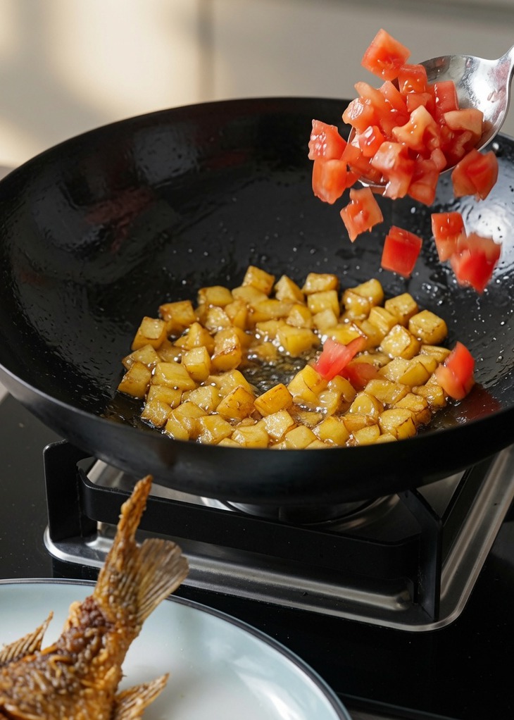 Dés de tomates et pommes de terre sautés ensemble dans un wok.