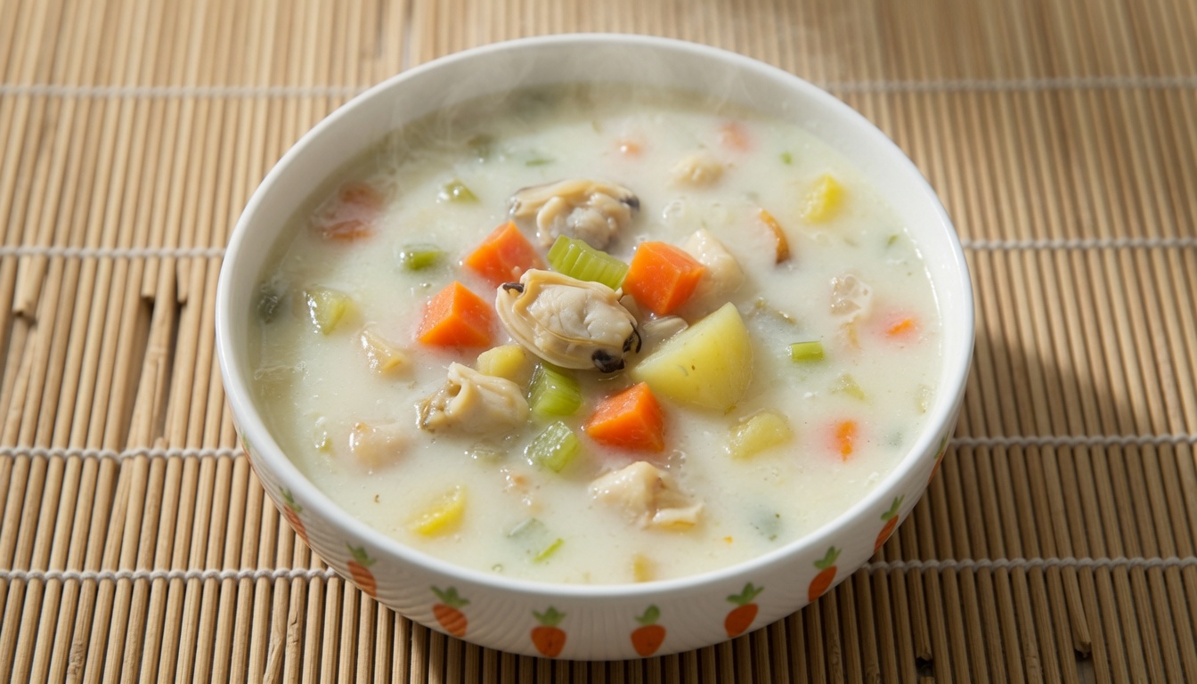 Un bol de velouté crémeux aux palourdes et pommes de terre, avec des carottes fondantes et des palourdes tendres, présenté sur un set de table en bambou naturel.