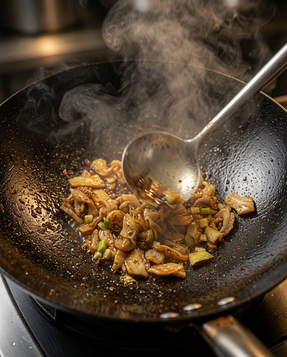 Lamelles de pommes de terre fraîches ajoutées dans le wok avec le porc et les aromates.
