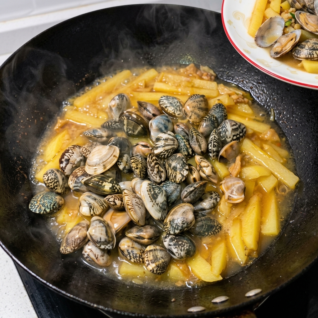 Palourdes fraîches versées dans le wok contenant les pommes de terre tendres et le liquide.