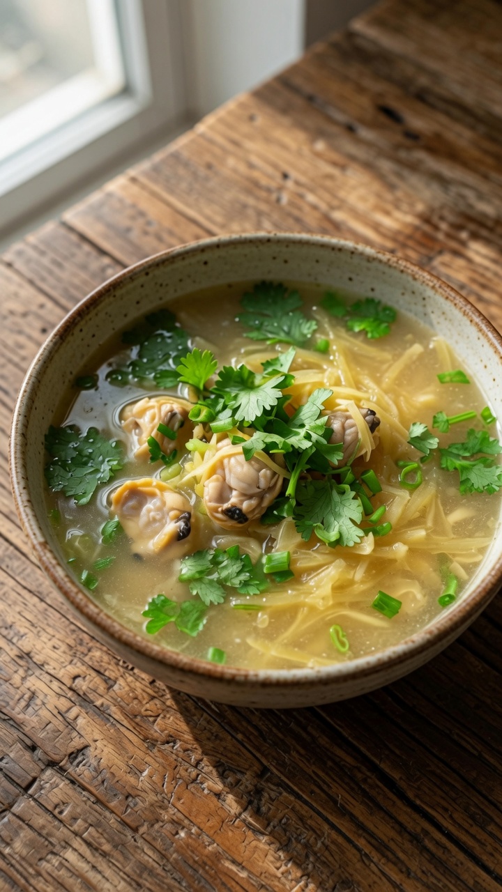 Un bol réconfortant de soupe aux palourdes et pommes de terre râpées, garni de coriandre fraîche et doignons verts.