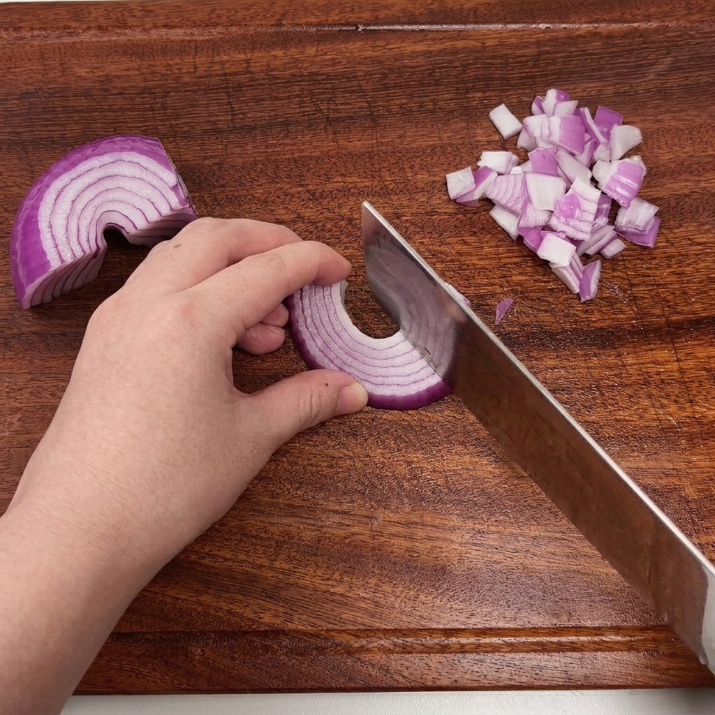 Une main utilisant un couteau de chef pour émincer un oignon rouge sur une planche à découper.
