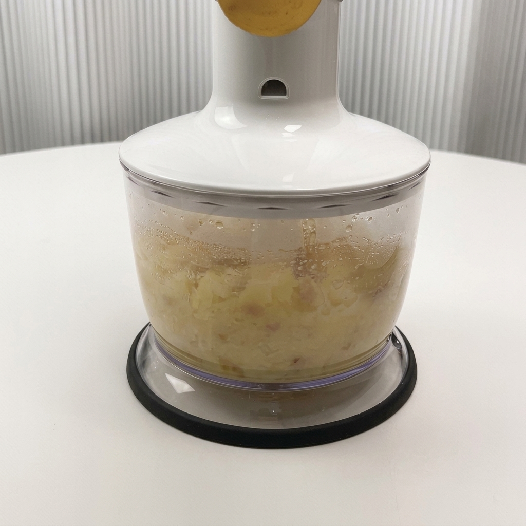 Des pommes de terre cuites et du bouillon mixés dans le bol transparent dun robot culinaire.