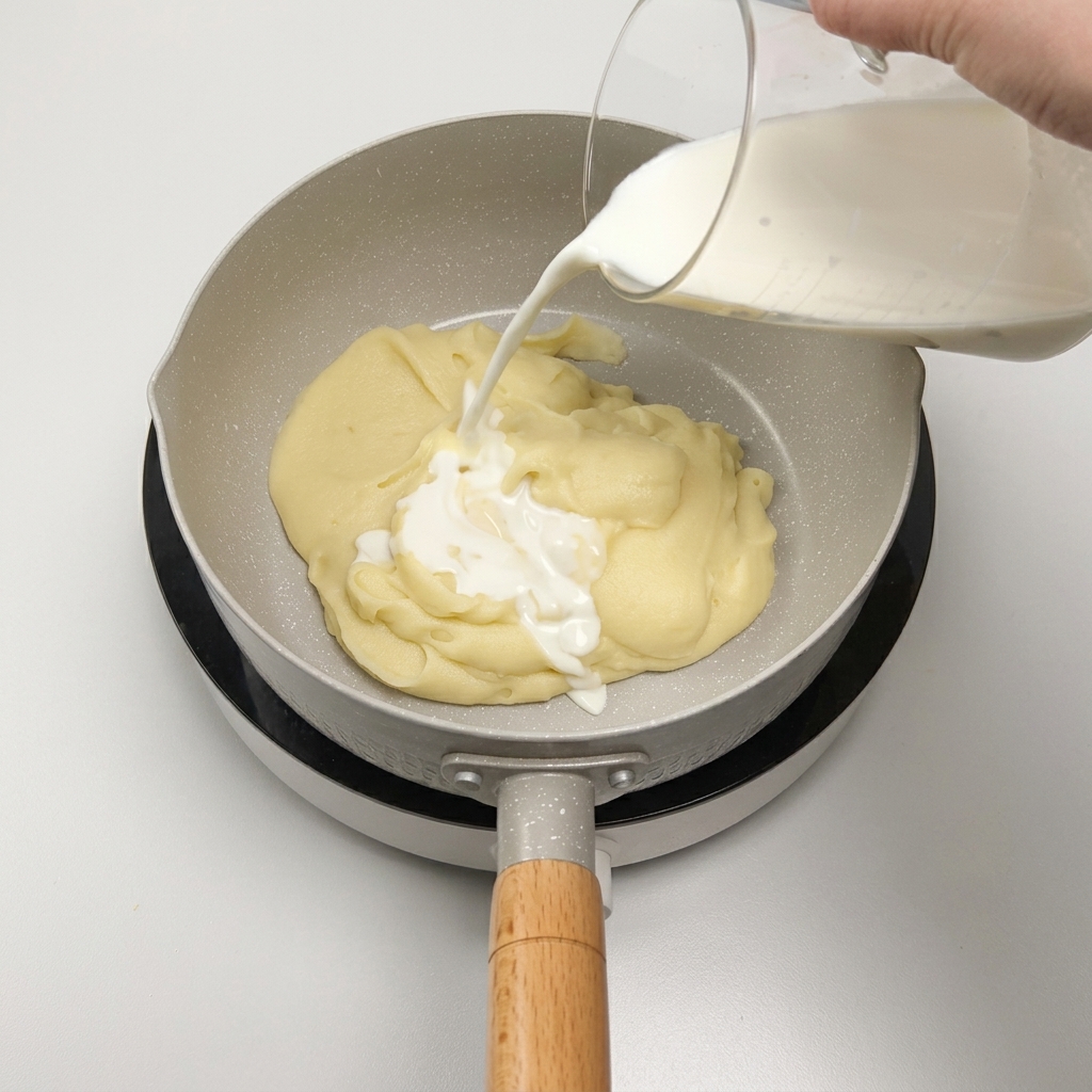 Verser du lait depuis un pichet doseur en verre dans une casserole de purée de pommes de terre lisse.