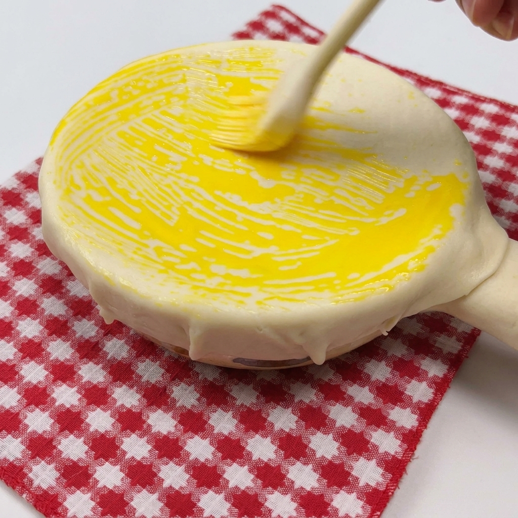 Un bol de soupe recouvert de pâte badigeonné de jaune dœuf pour créer une croûte dorée.