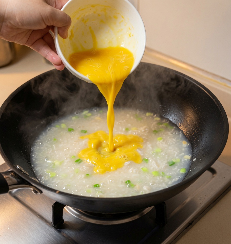 Une main versant un œuf battu dun bol blanc dans un wok bouillonnant de bouillon de palourdes et oignons verts.