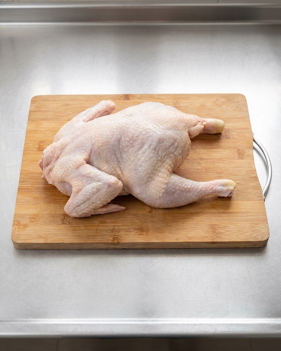 Un poulet entier posé sur une planche à découper en bois, prêt à être découpé en morceaux.