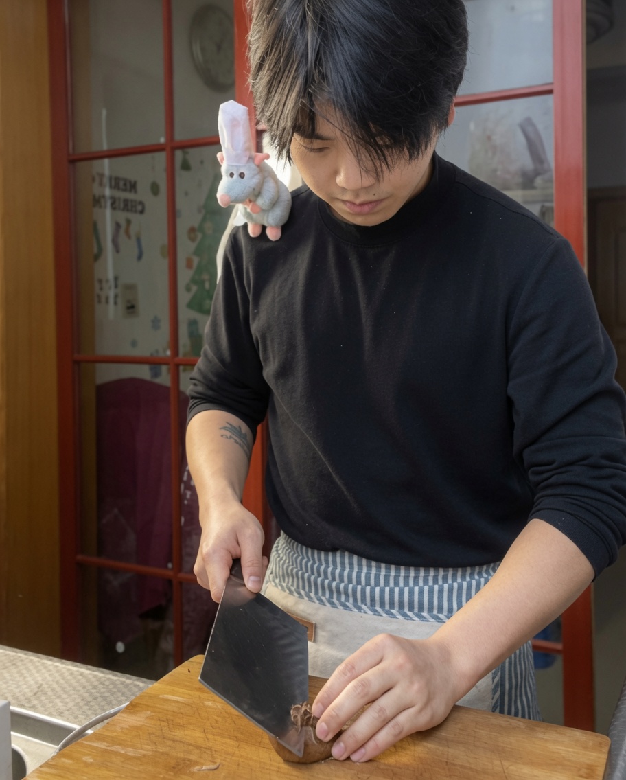 Gros plan sur les mains dun chef utilisant un couteau pour marquer une croix décorative sur le dessus dun champignon shiitake frais.