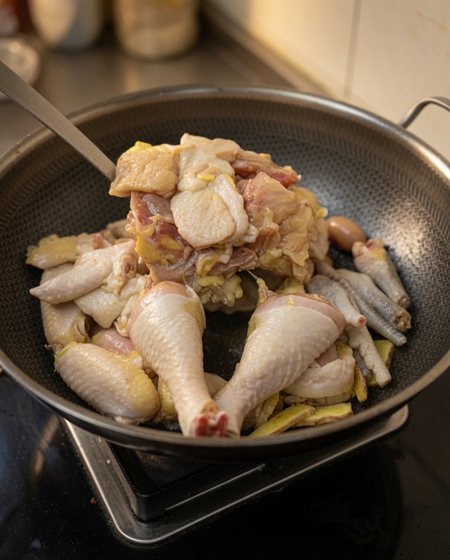Des morceaux de poulet sautés dans un wok avec des tranches de gingembre, la viande devenant opaque et commençant à dorer.