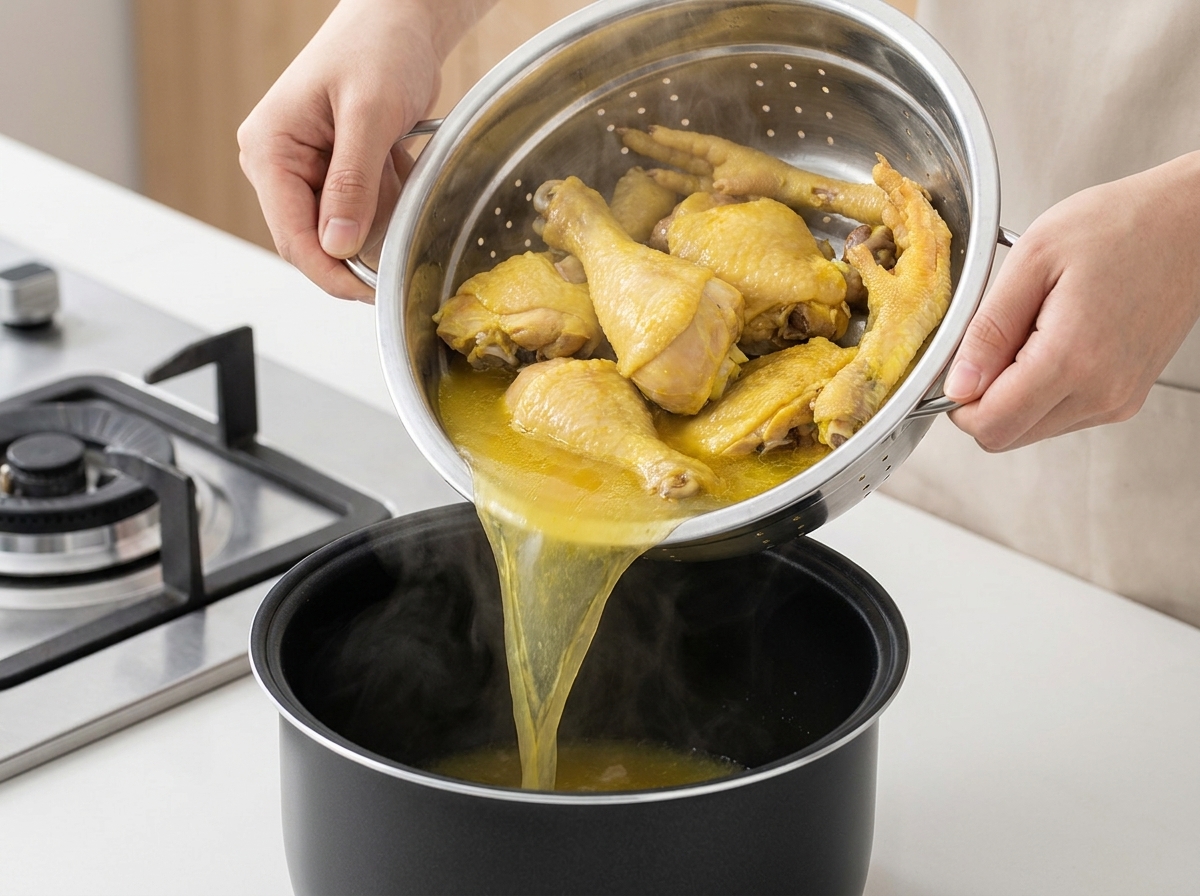 Le poulet et le gingembre sautés versés depuis une passoire en acier inoxydable dans la base dun autocuiseur.