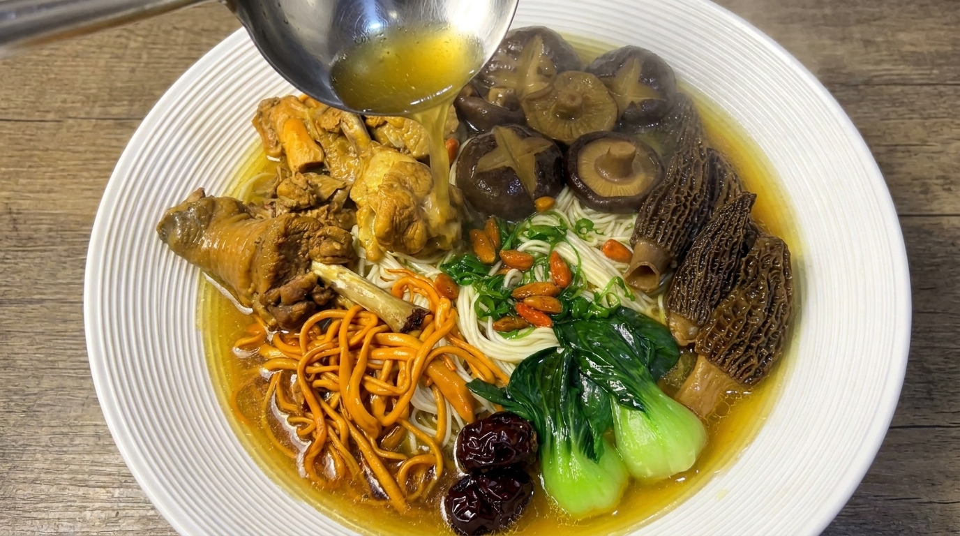 Nouilles au poulet mijoté aux champignons