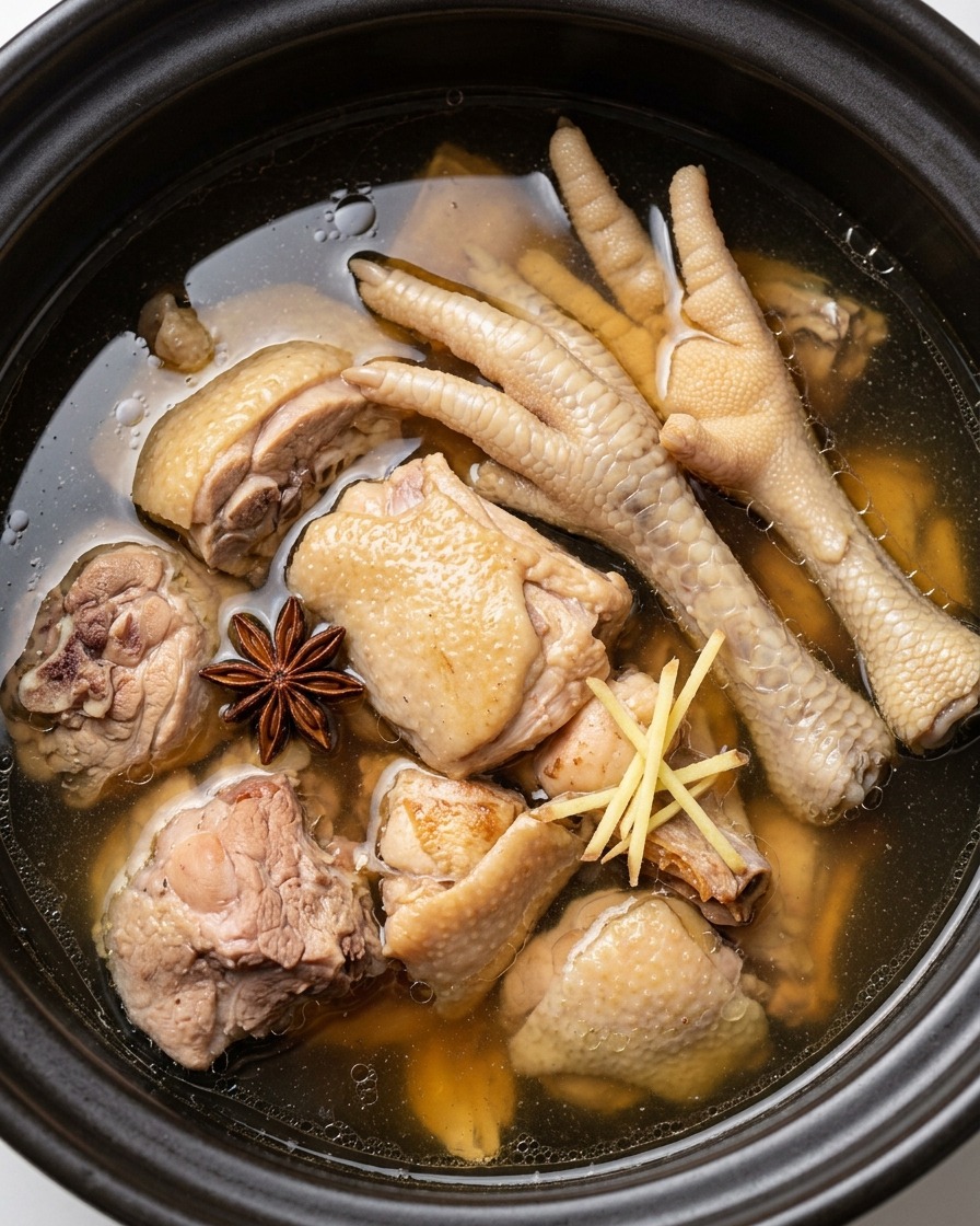 Morceaux de poulet sautés et tranches de gingembre dans une cocotte-minute.