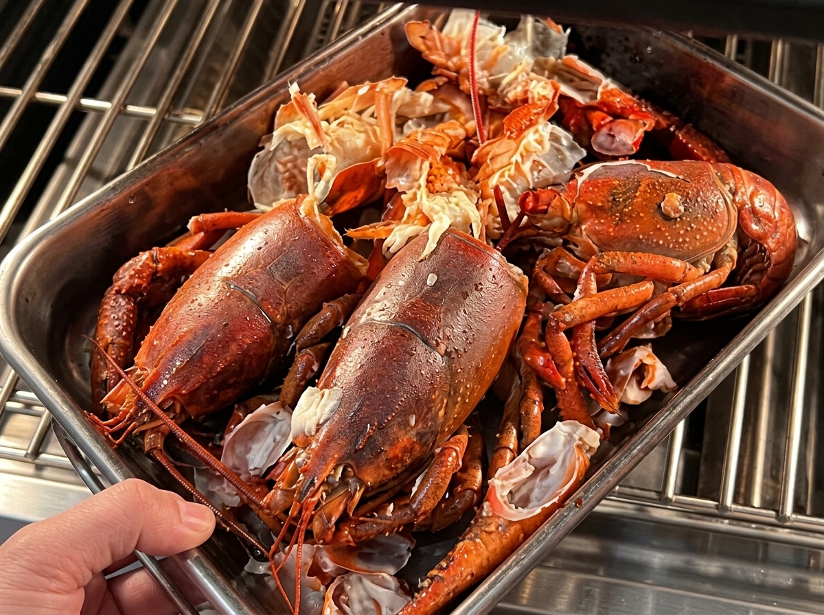 Carapaces et têtes de homard dans un plat à rôtir en métal prêt à être enfourné.