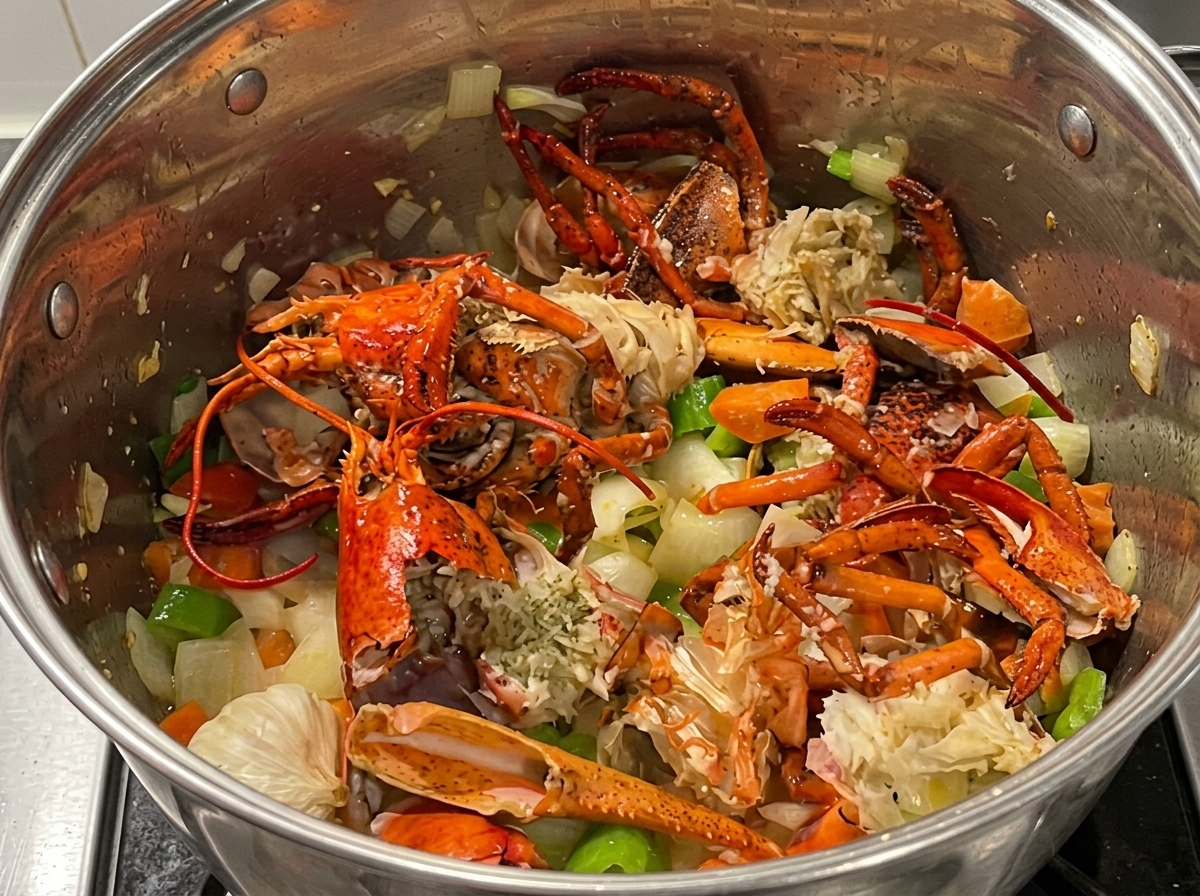 Carapaces de homard rôties mélangées avec la mirepoix dans une grande marmite.
