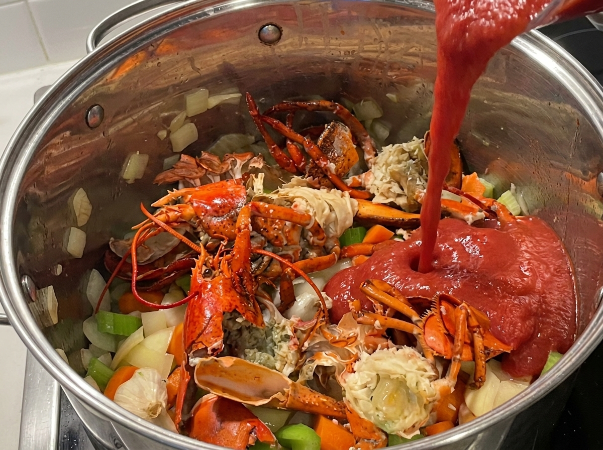 Purée de tomates rouge versée dans la marmite contenant les carapaces et les légumes.
