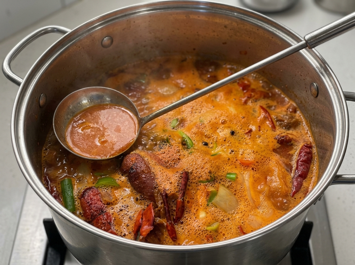 Une louche retirant lécume à la surface dun bouillon de homard frémissant de couleur rouge.