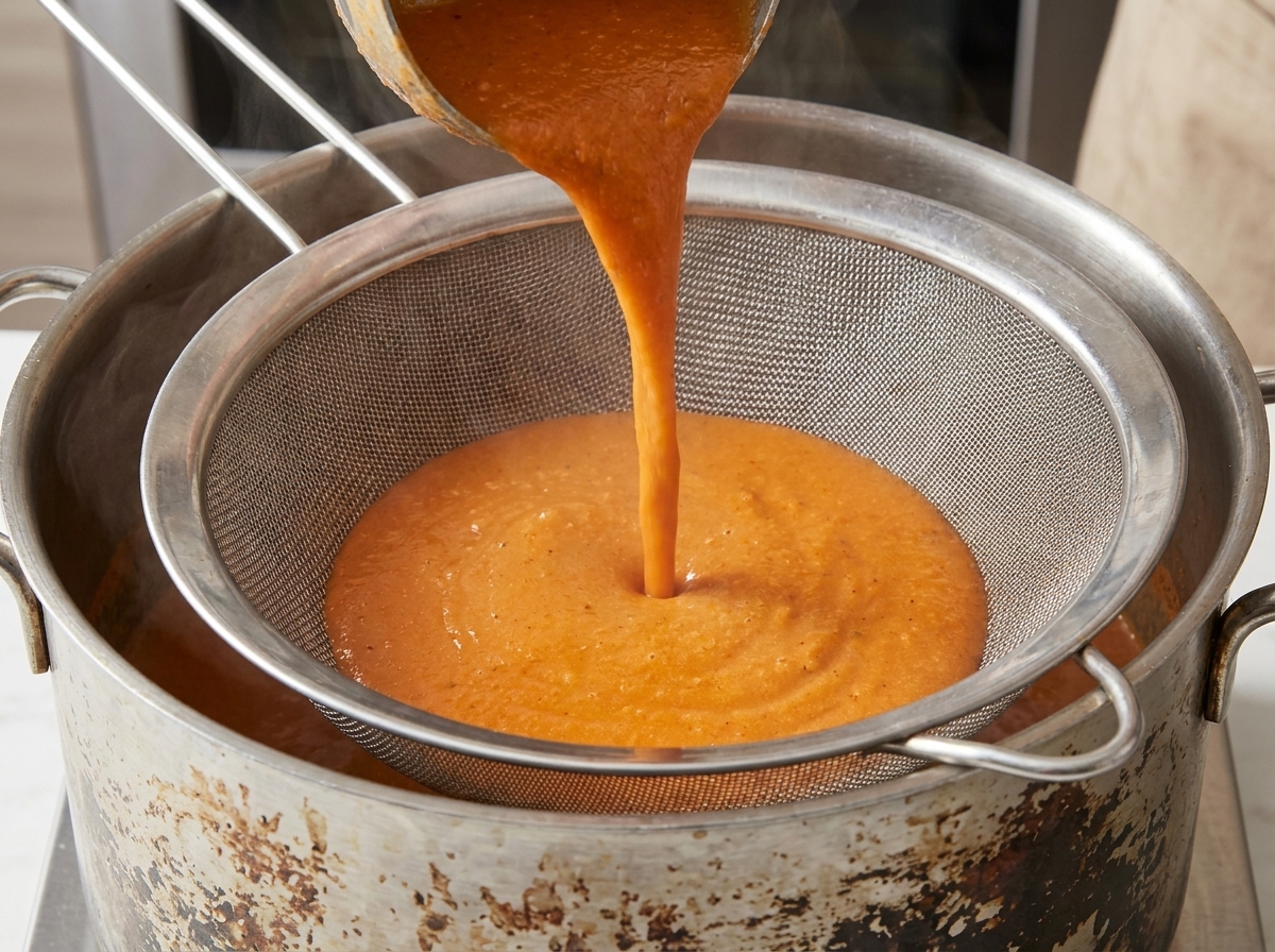 Bouillon de homard rouge profond filtré à travers un tamis fin dans une casserole en métal.