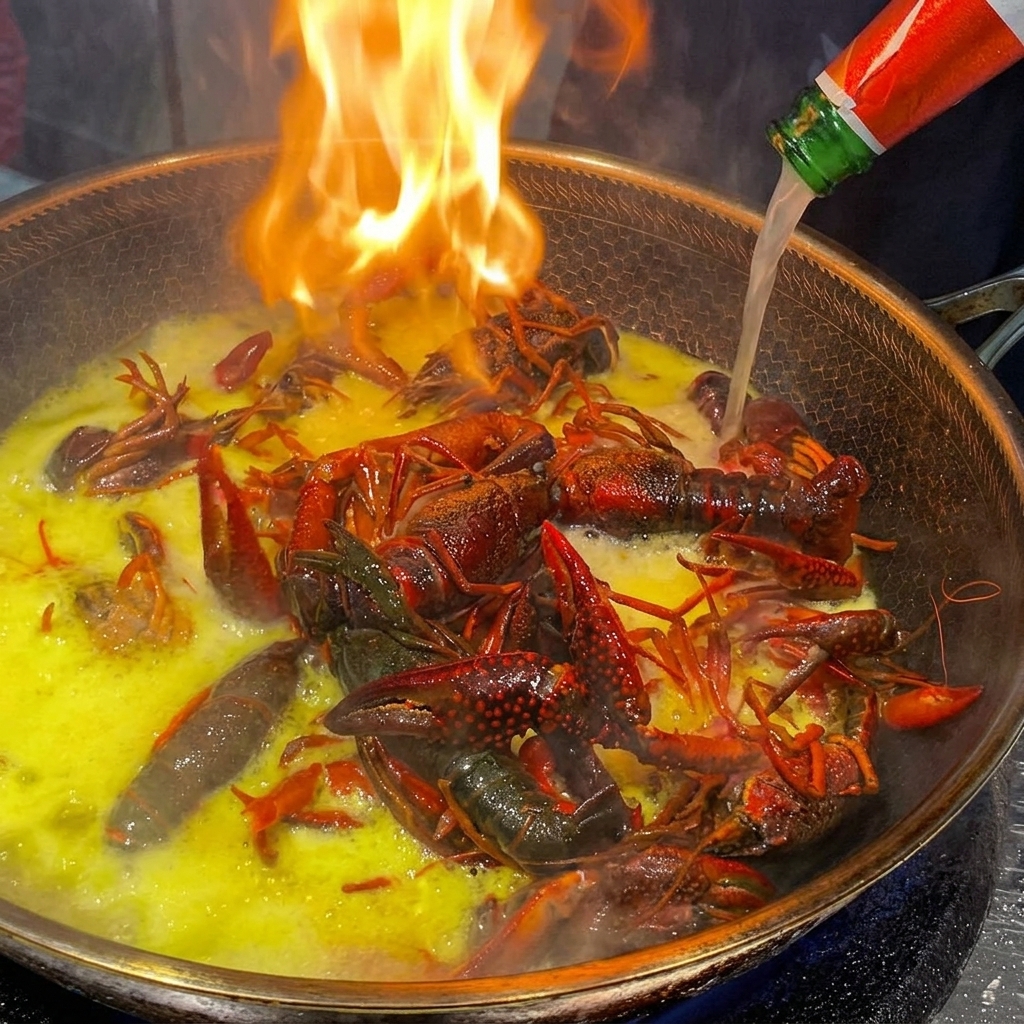Bière versée dune bouteille verte dans un wok enflammé plein décrevisses.