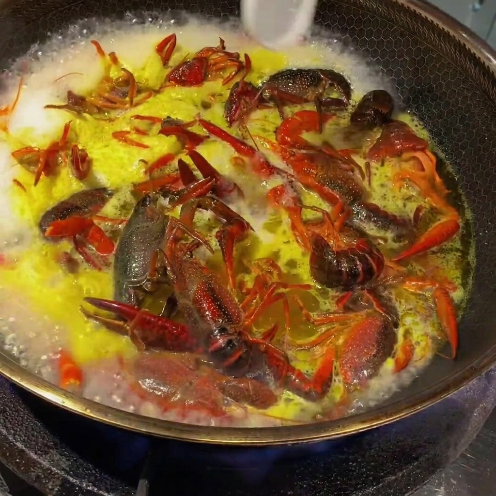 Ajout de sel et de sucre à la cuillère dans le bouillon décrevisses frémissant.