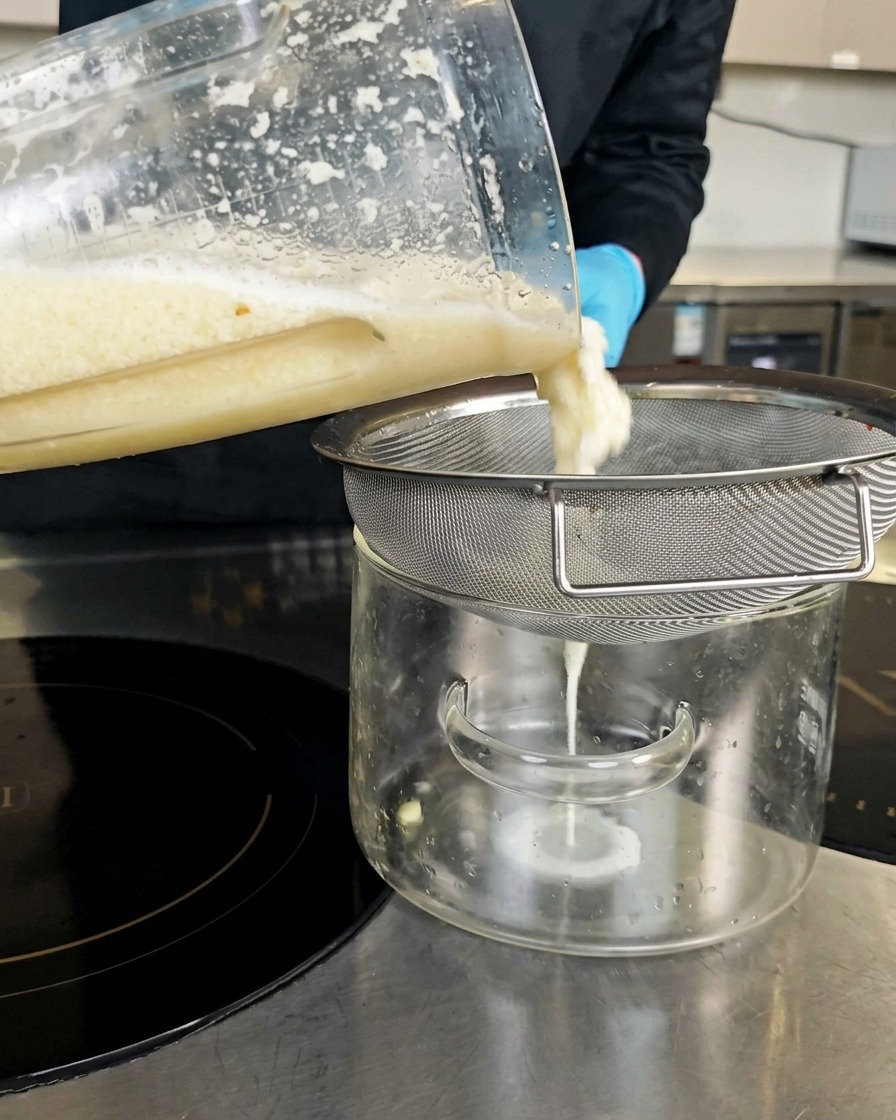 Mélange dail mixé filtré à travers une passoire métallique dans un pot en verre.