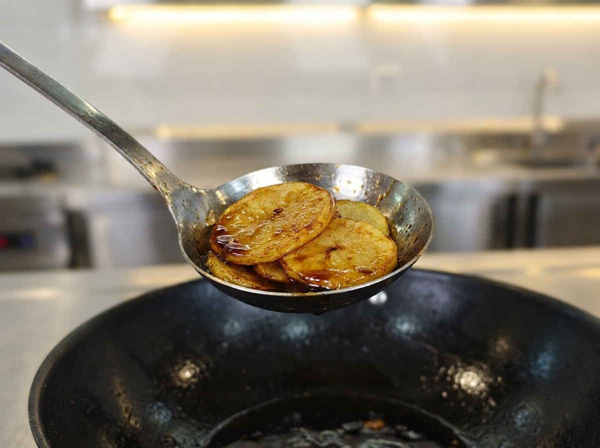 Tranches de gingembre et pâte dail en train de frire dans un wok chaud.