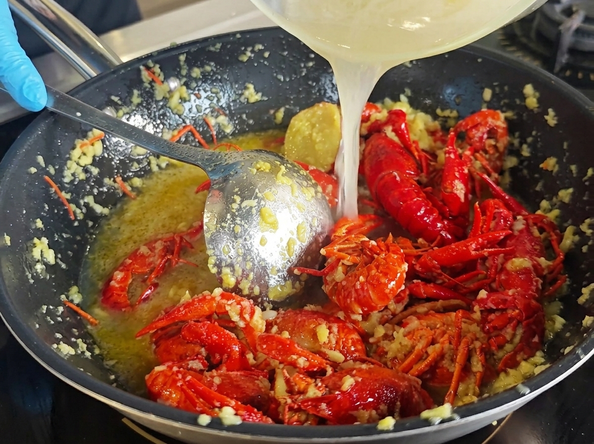 Liquide infusé à lail versé dans un wok avec des écrevisses frites.