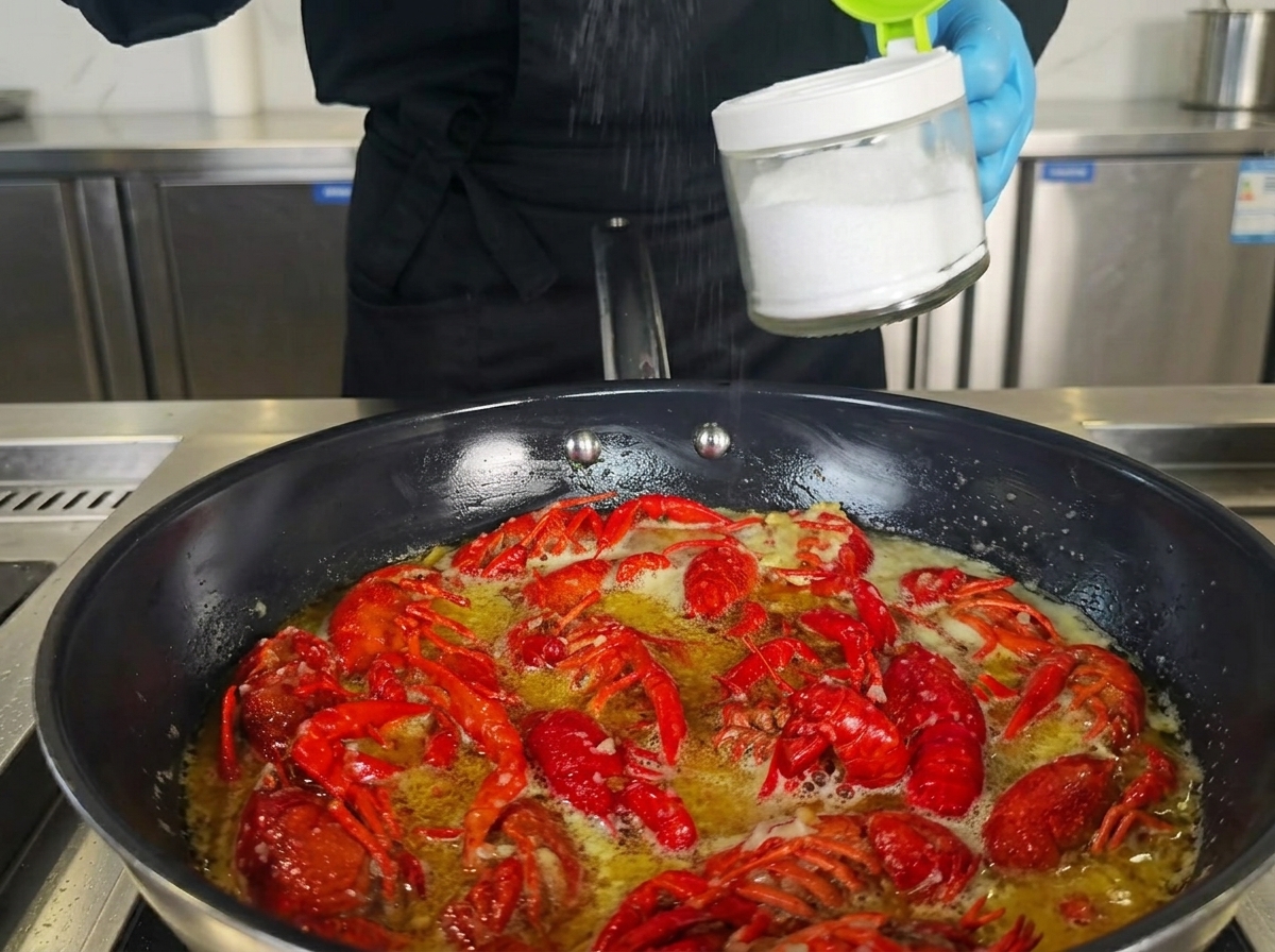 Main du chef ajoutant des assaisonnements dans le wok.