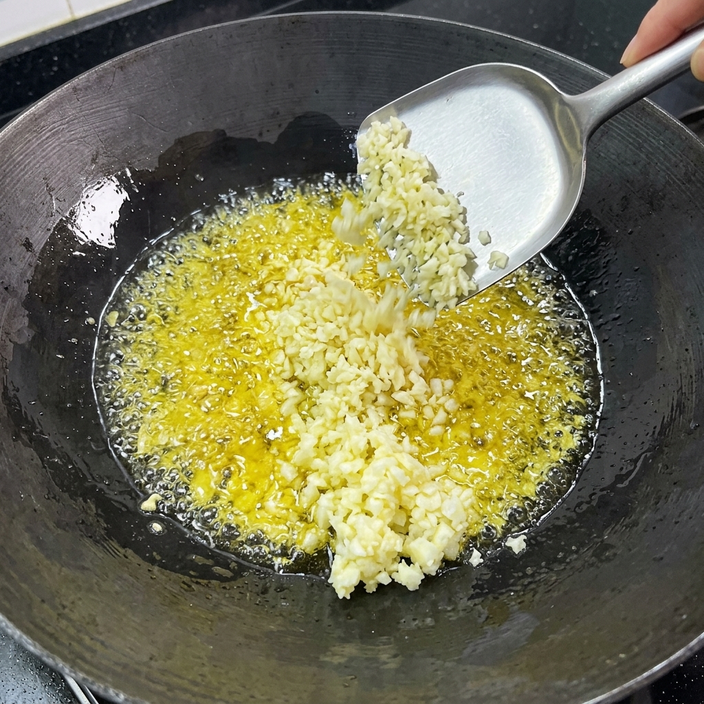 Ail haché en train de frire dans de lhuile chaude dans un wok.