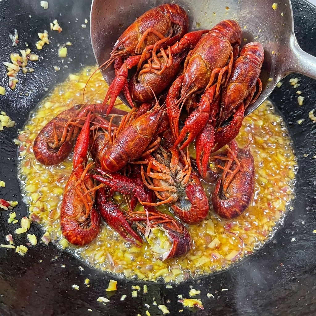 Écrevisses blanchies mélangées à la base dail et de piment dans le wok.
