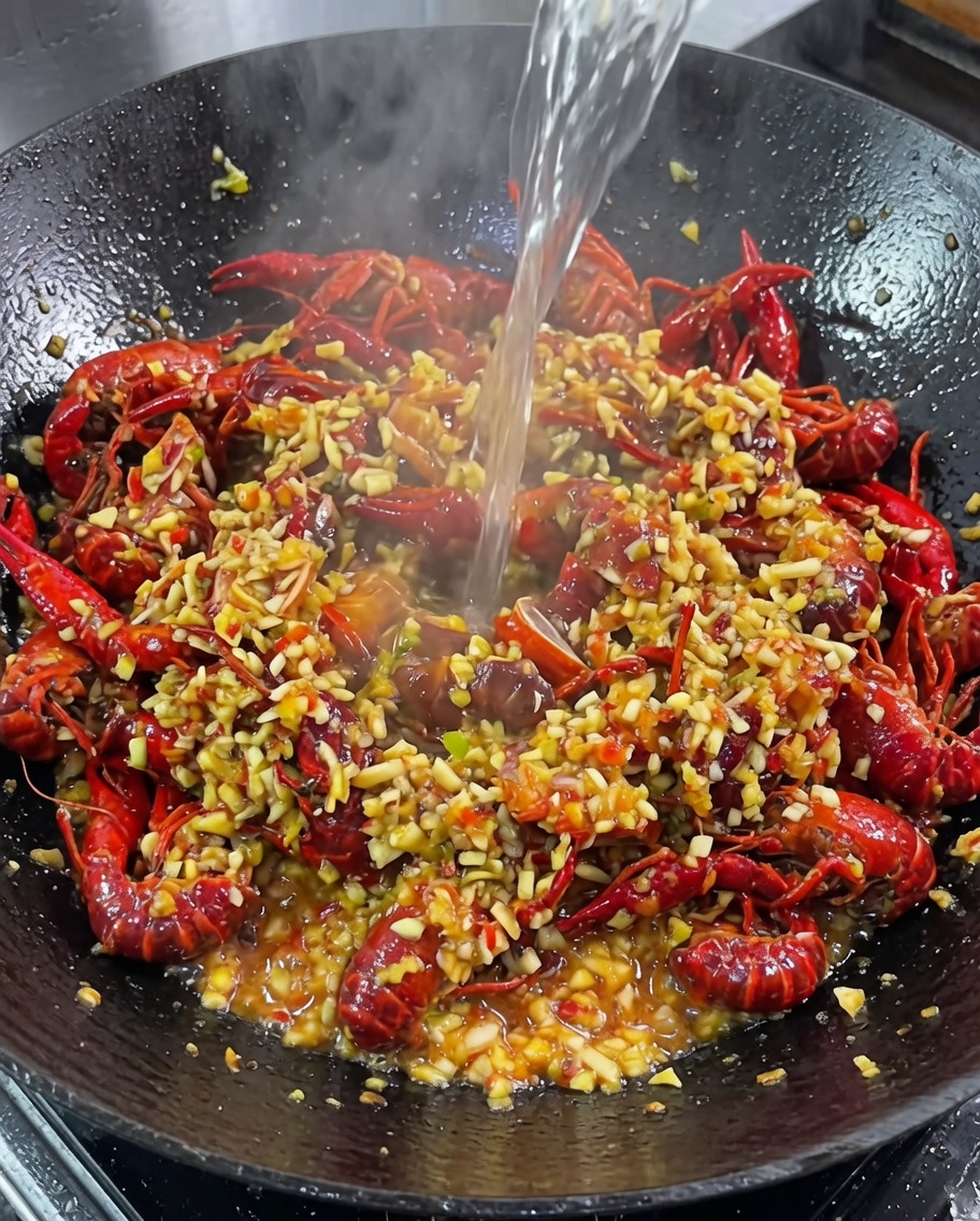 Bière et eau versées dans un wok contenant les écrevisses et la sauce à lail.