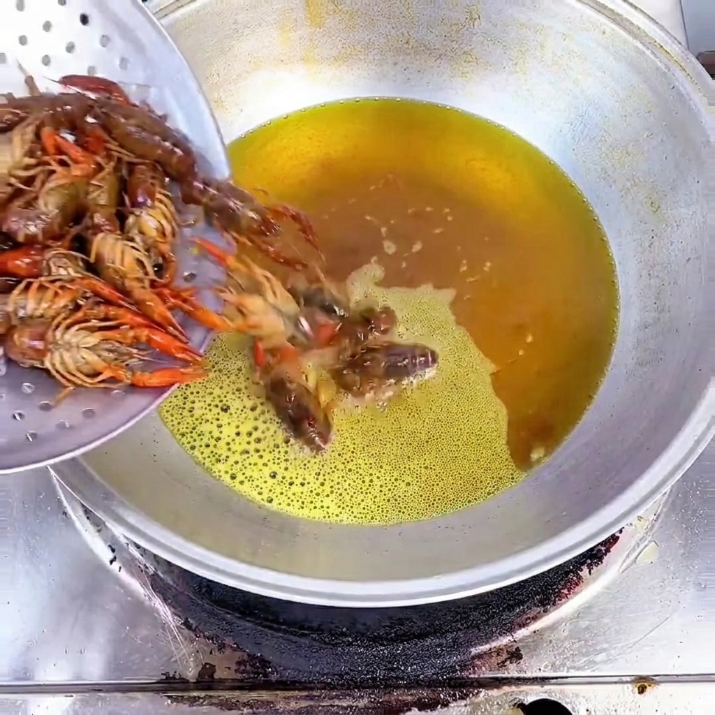 Écrevisses crues versées dans un wok dhuile chaude.