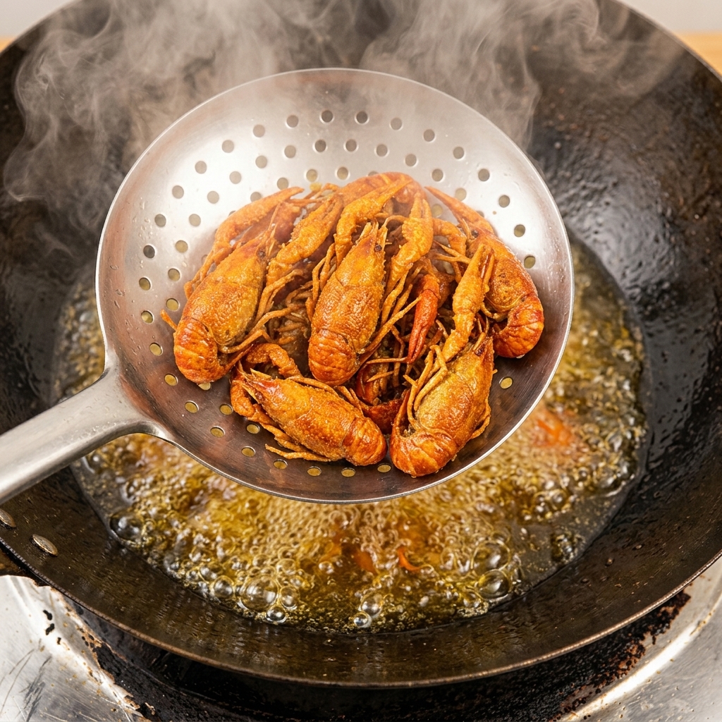Écrevisses frites retirées de lhuile avec une écumoire.