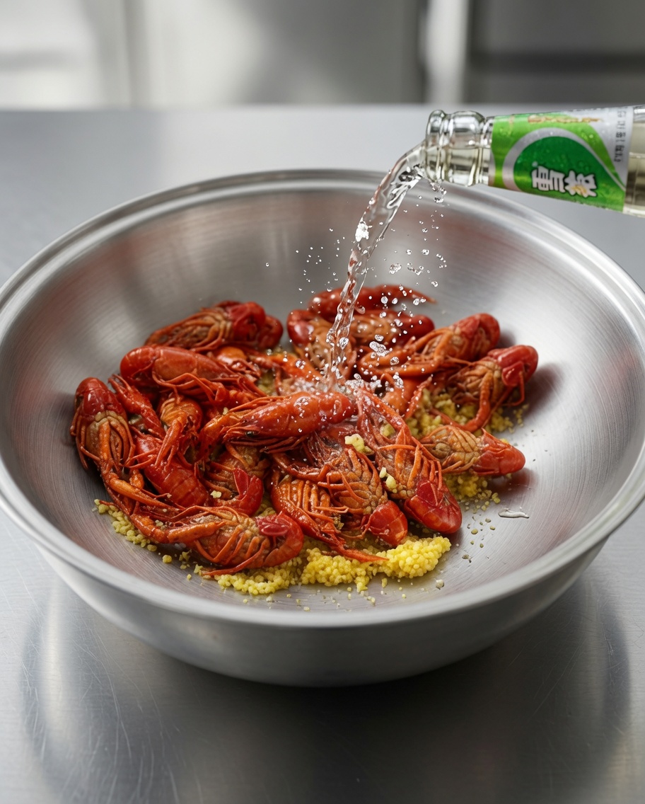 Bière versée dans le wok sur les écrevisses.