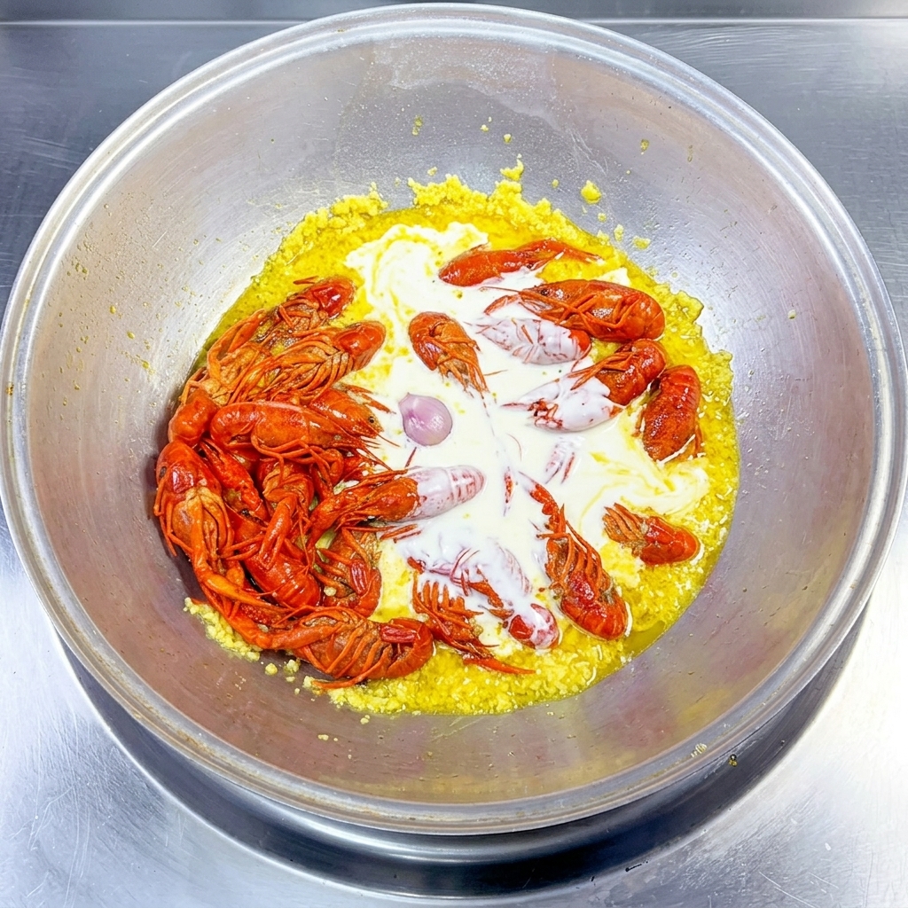 Lait versé dans le wok avec les écrevisses et la bière.
