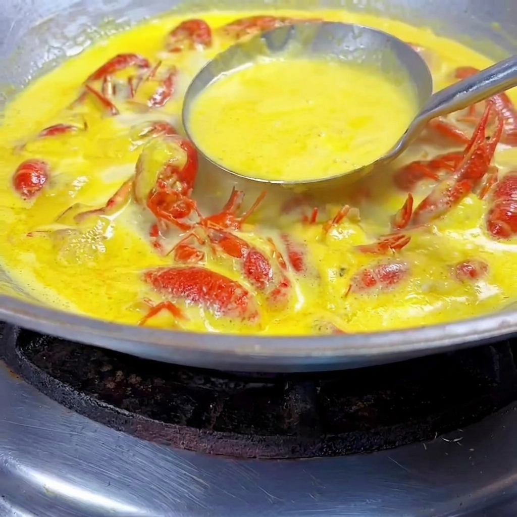 Sauce dorée qui épaissit dans le wok.