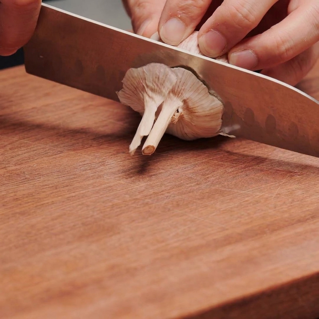 Un couteau de chef tranchant coupant la base dune tête dail entière sur une planche à découper en bois.