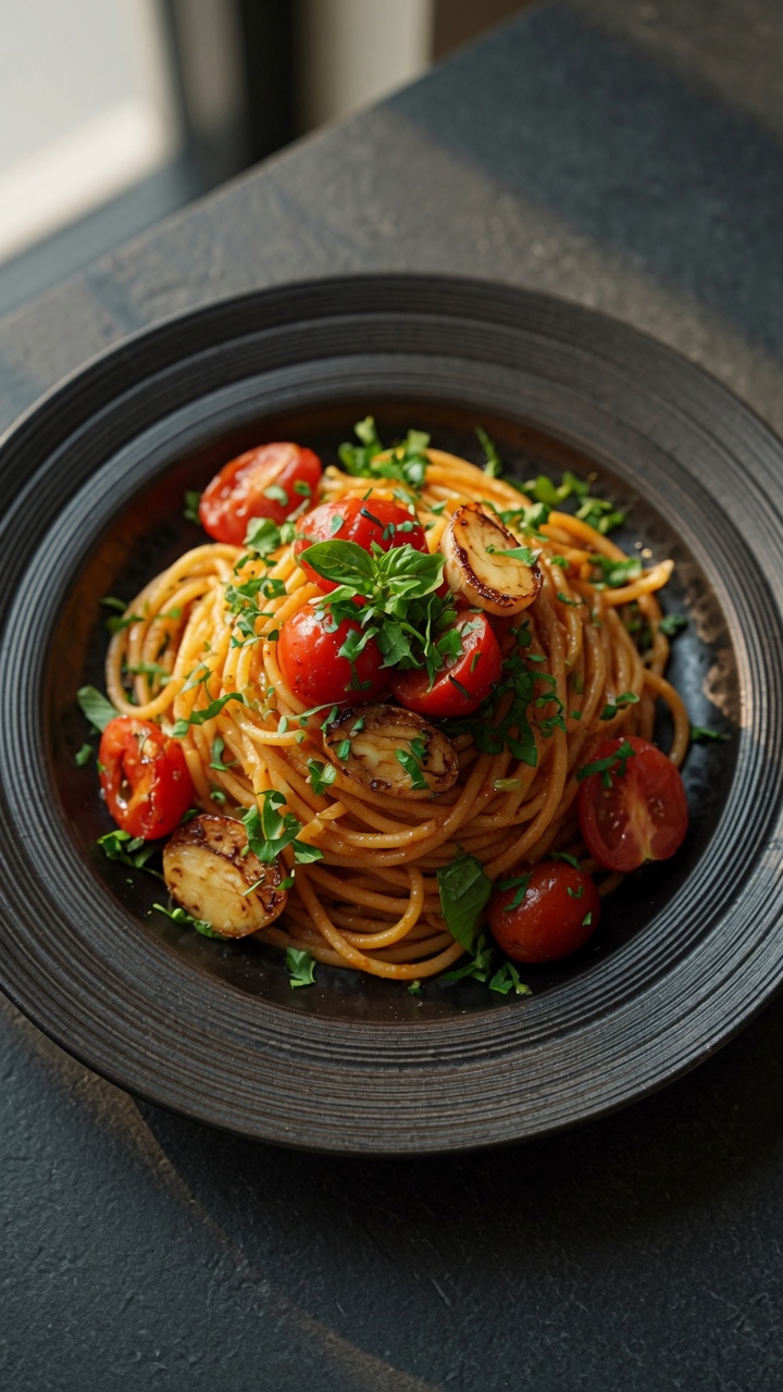Spaghetti à l'ail et aux tomates cerises