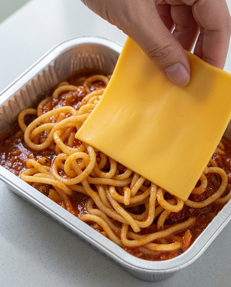 Deux tranches carrées de fromage jaune disposées délicatement sur les spaghettis enrobés de sauce tomate.