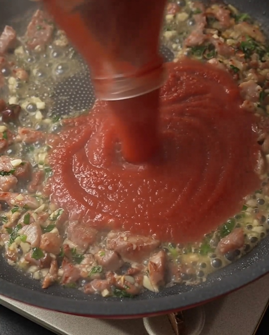 Sauce tomate versée dans la poêle avec le bacon et les aromates.