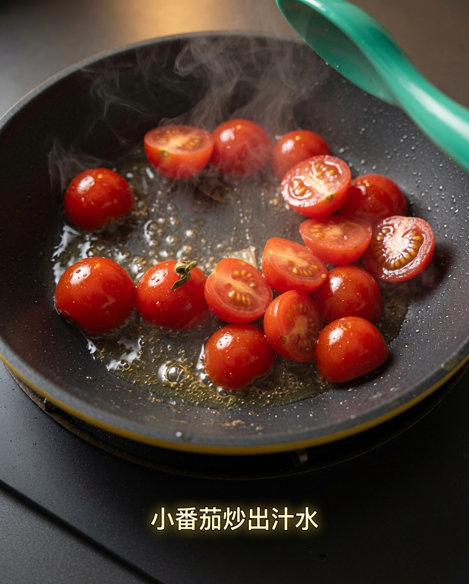 Tomates cerises coupées en deux cuisant dans la poêle et libérant leur jus.