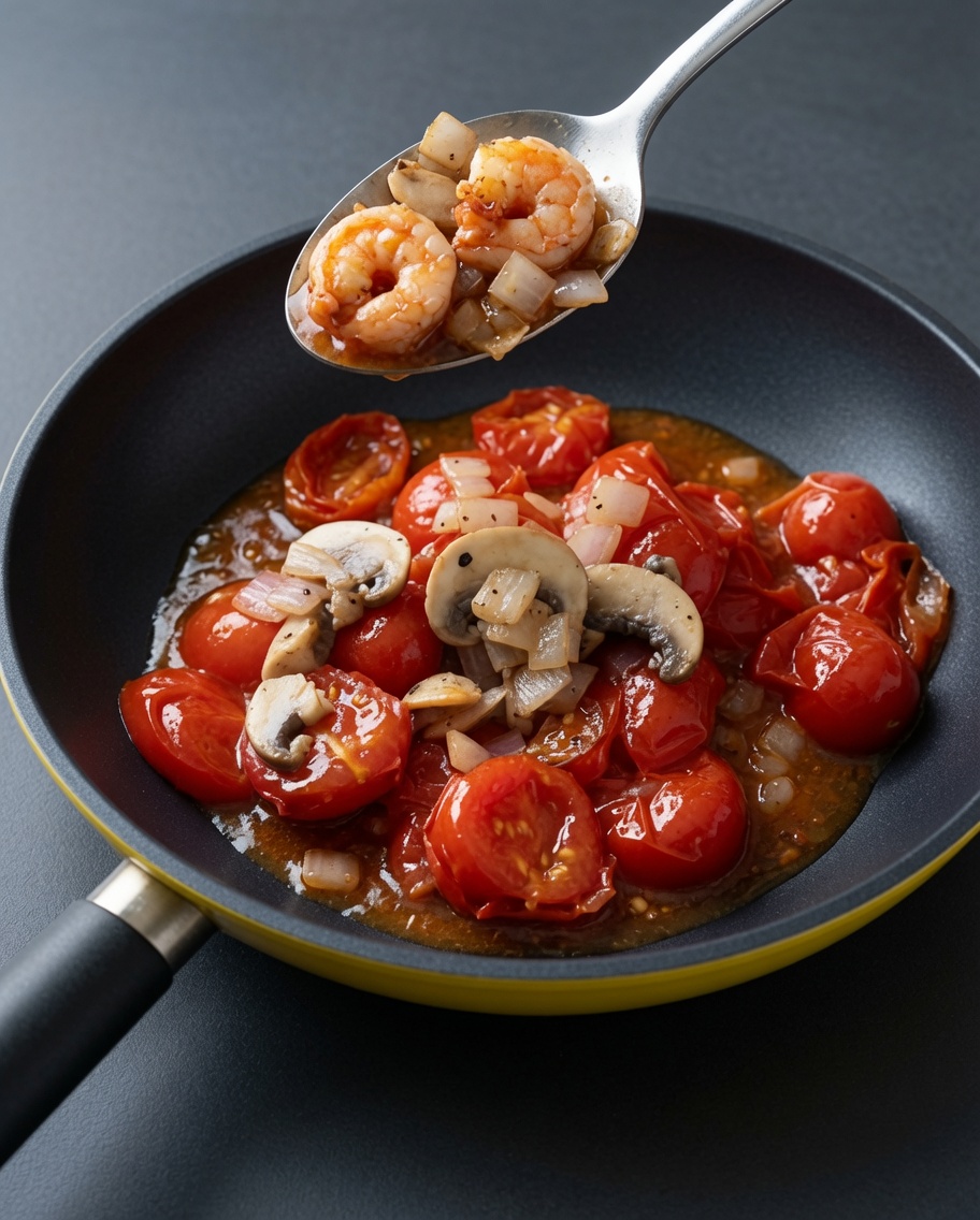 Les crevettes, oignons et champignons sont réintégrés dans la poêle avec les tomates fondues.
