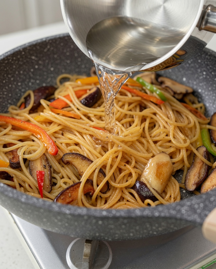 Ajout deau de cuisson des pâtes dans la poêle.