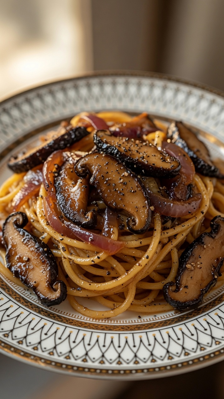 Spaghetti au poivre noir et aux champignons