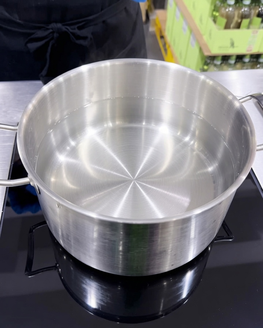 Une grande casserole deau bouillante salée et huilée.