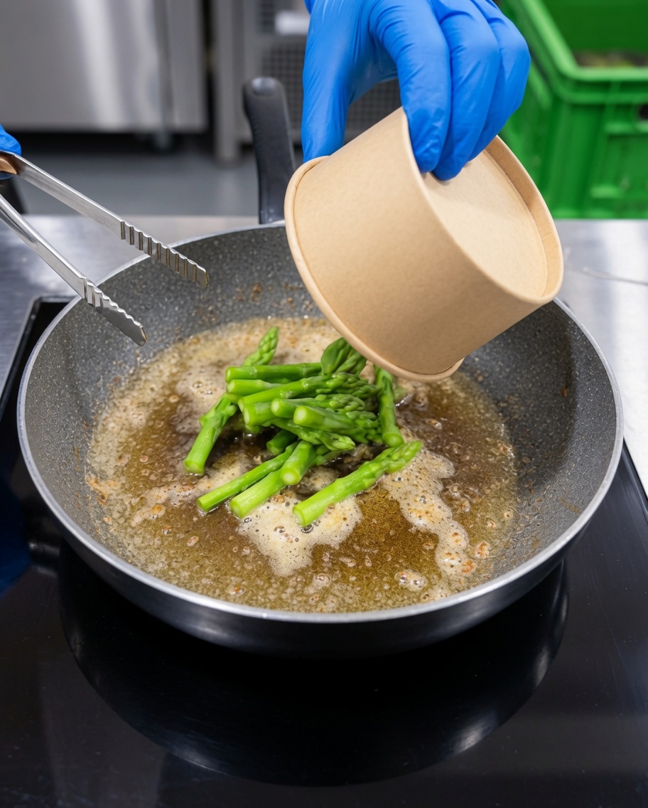 Pointes dasperges fraîches sautées dans lhuile de crevette parfumée.