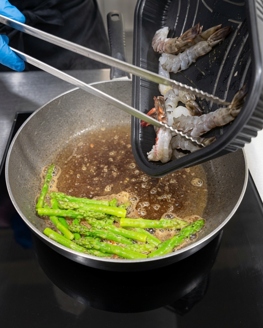 Crevettes décortiquées ajoutées dans la poêle avec les asperges.
